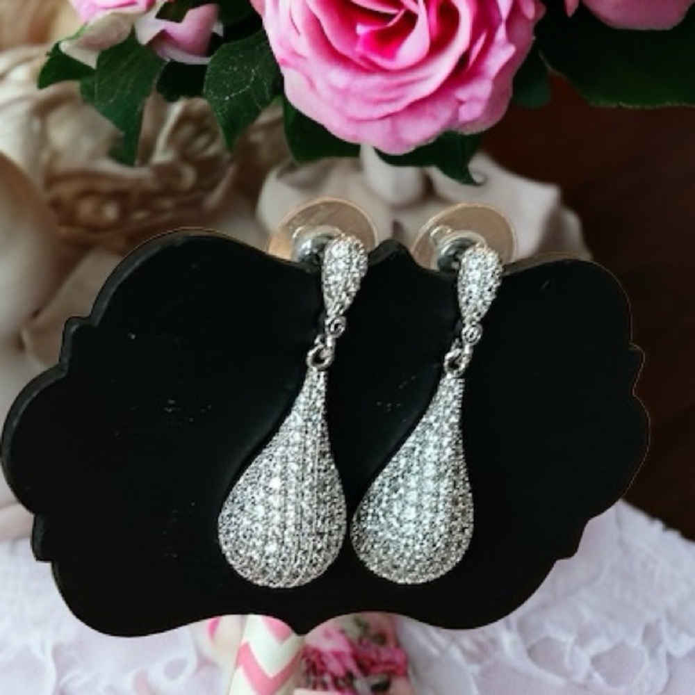 Silver CZ Tear Drop Dangle Earrings